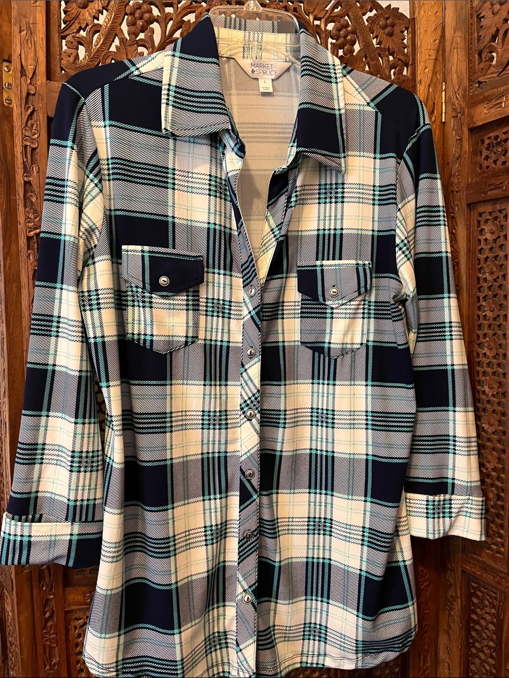 Market & Spruce Navy, Cream, and Teal Plaid Button-Up Shirt